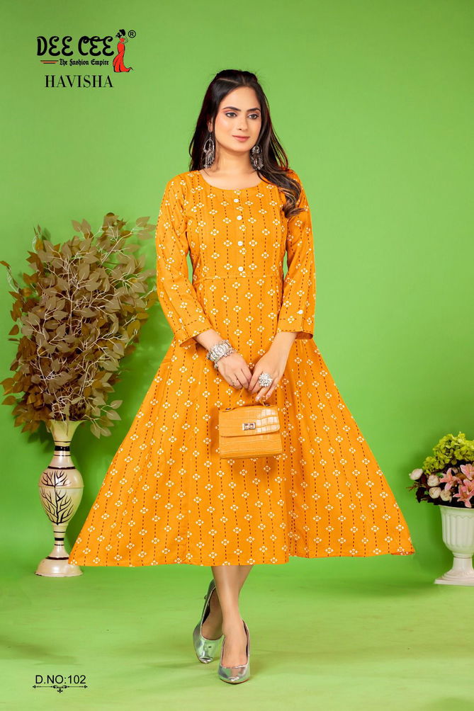 Havisha By Dee Cee Rayon Printed Long Kurtis Wholesale Price In Surat
